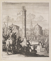 KG 06028
<br/>
Man springt van een hoge gedenkzuil
<br/>
<em>Doesburgh, Thomas (nawijsbaar 1692-1714)</em>